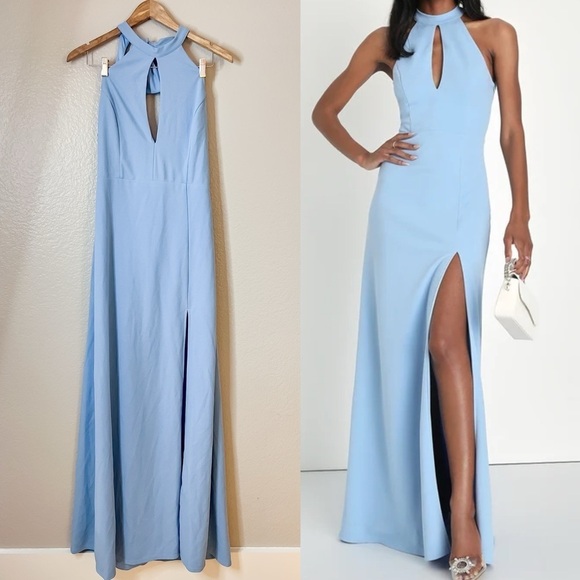 Striking Elegance Light Blue Bow Backless Halter Maxi Dress - Picture 1 of 6